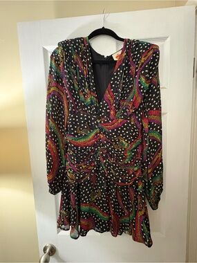 FARM Rio Black Mini Dress with Pink, Green & Yellow Swirl Print